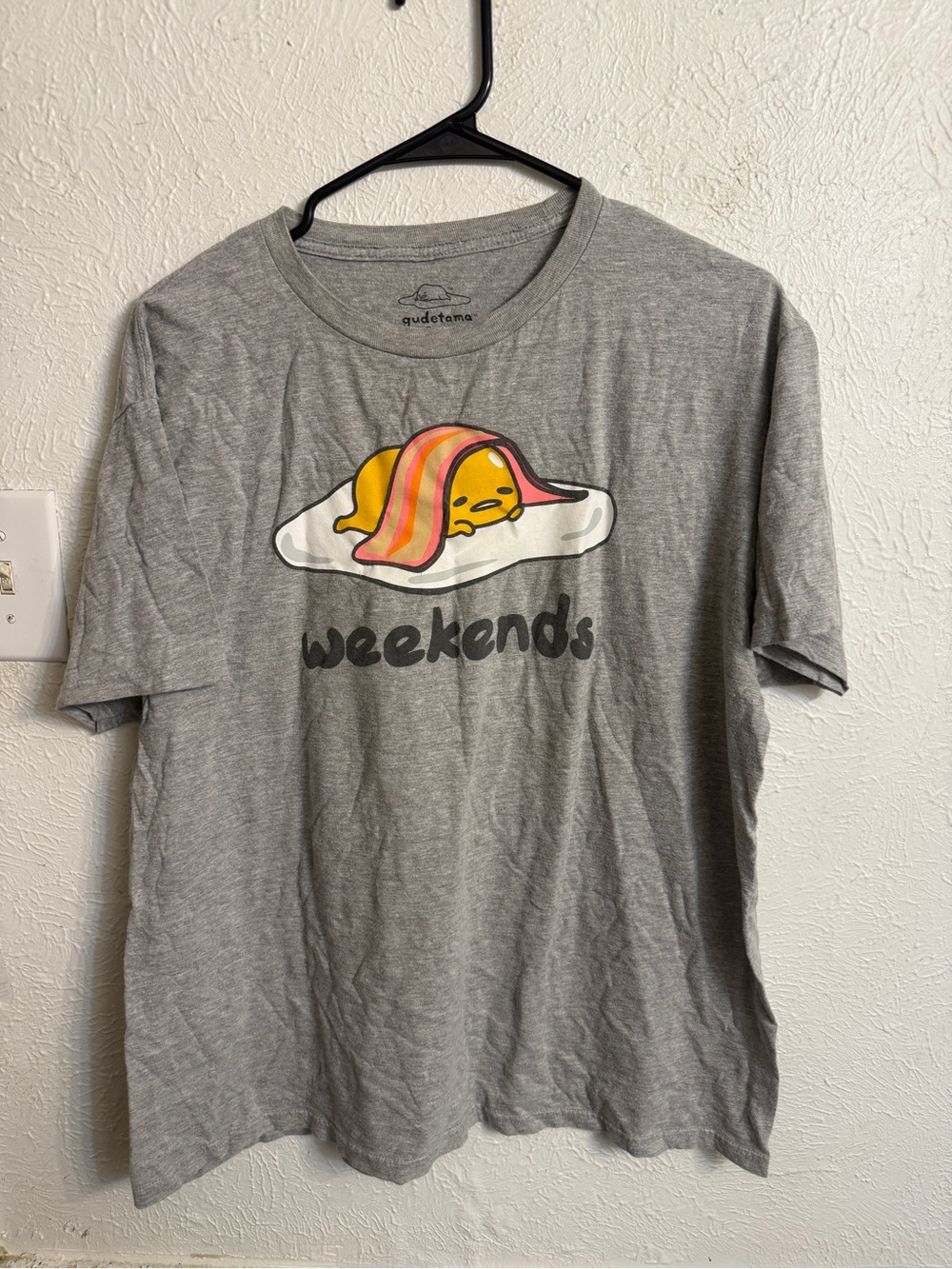 Sanrio Gudetama Grey Tee with Yellow Character and Pink-Orange Accent